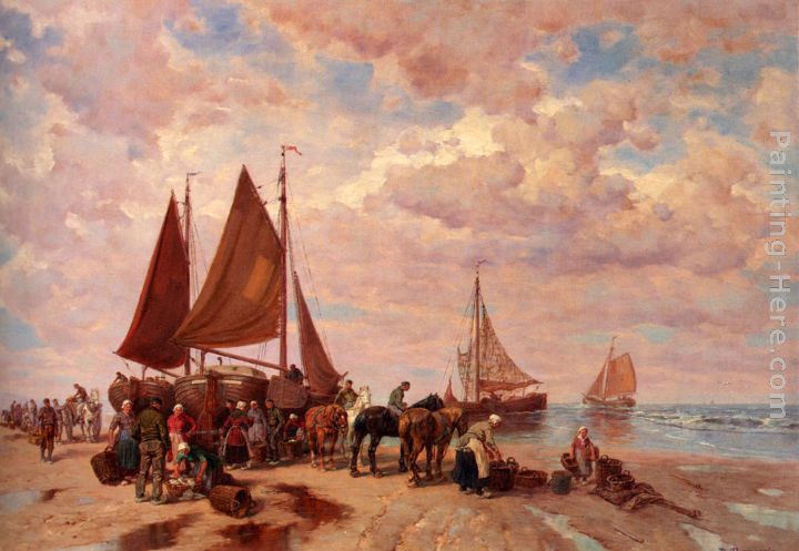 A Coastal Scene Wih Fisherfolk Sorting The Day's Catch, Beached painting - Desire Thomassin A Coastal Scene Wih Fisherfolk Sorting The Day's Catch, Beached art painting